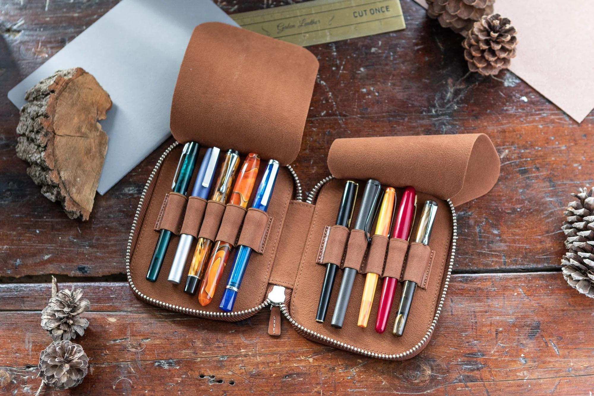 Galen Leather Zippered 10 Slot Pen Case - Brown - Image 6
