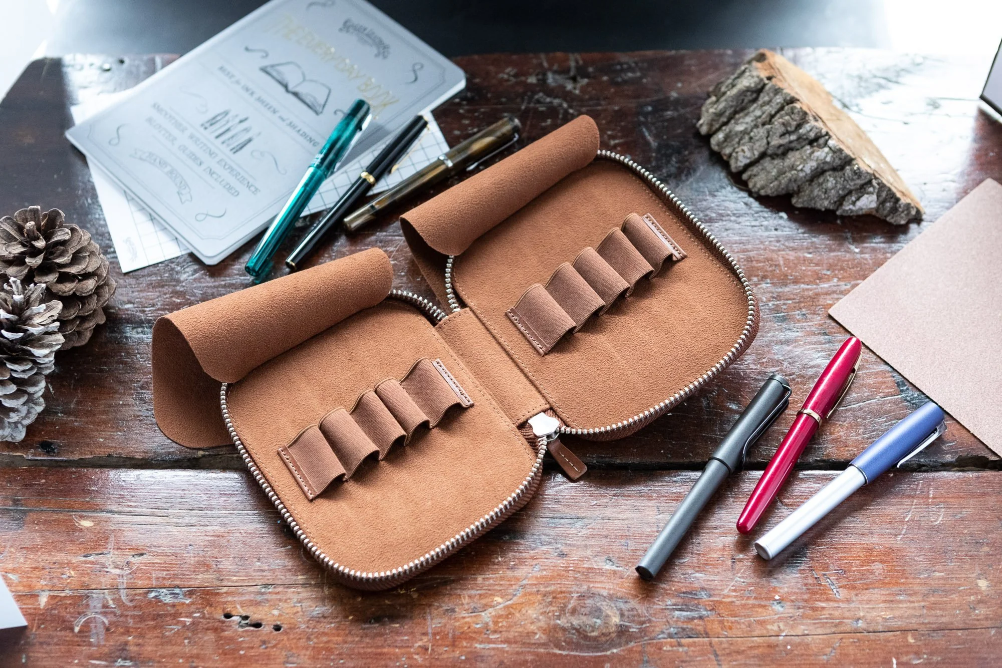 Galen Leather Zippered 10 Slot Pen Case - Brown - Image 7