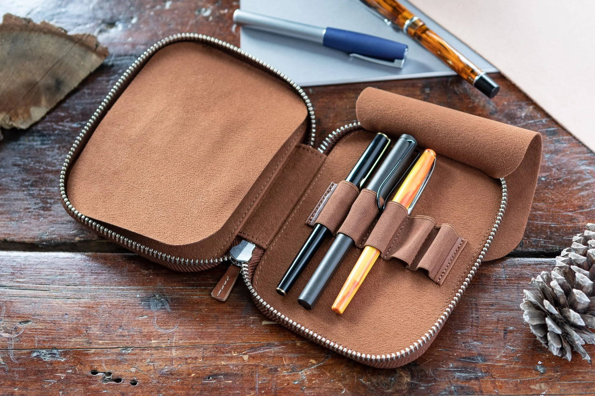 Galen Leather Zippered 10 Slot Pen Case - Brown - Image 8